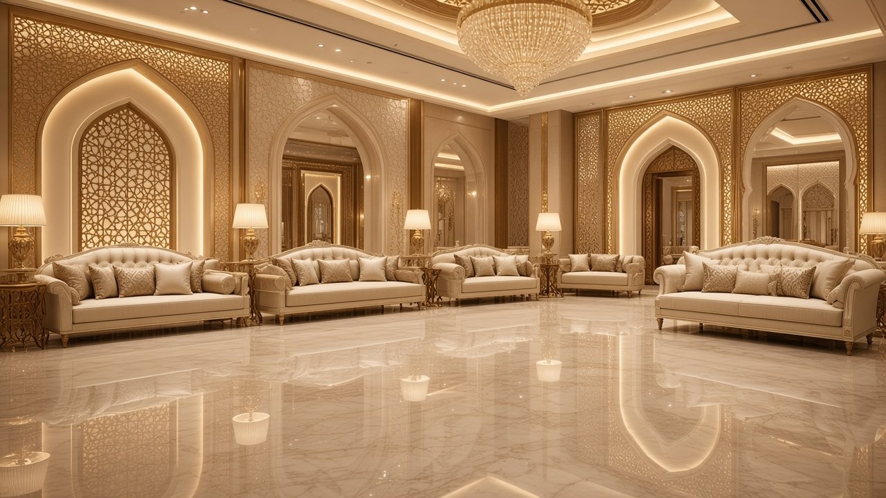 صالة مجالس فاخرة بأقواس ذهبية وكنب كريمي